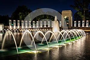 The National World War II Memorial Fountains at night at the Nat