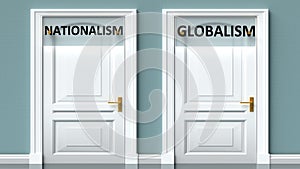 Nationalism and globalism as a choice - pictured as words Nationalism, globalism on doors to show that Nationalism and globalism