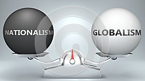 Nationalism and globalism in balance - pictured as a scale and words Nationalism, globalism - to symbolize desired harmony between photo