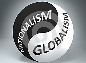 Nationalism and globalism in balance - pictured as words Nationalism, globalism and yin yang symbol, to show harmony between photo