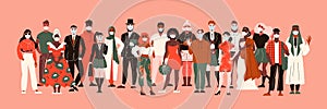 Nationality people in protection masks composition with people of colour characters different races standing in crowd vector