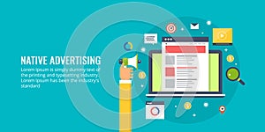 Native advertising - digital advertisement - paid media, internet marketing concept. Flat design vector marketing banner.