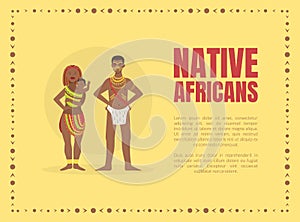 Native Africans Banner Template with Tribal People in Traditional Clothes and Space for Text Vector illustration