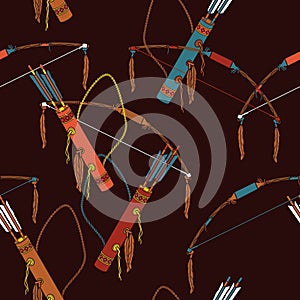 Native American Archery Tools Vector Illustration Dark Background Seamless Pattern