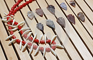 Native American Arrowheads and Beaded Necklace With Coyote Teeth