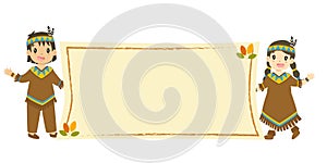 Native American Boy and Girl Holding an Empty Banner Cartoon Vector