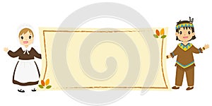 Native American Boy and Pilgrim Girl Holding an Empty Banner Cartoon Vector