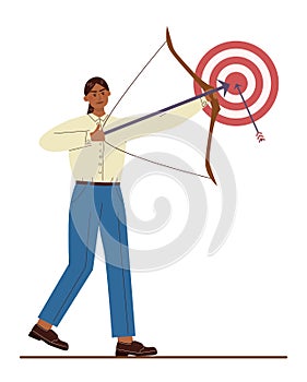 Native American businessman aiming in target and shooting with arrow.