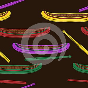 Native American Canoe and Paddle Vector Illustration Dark Background Seamless Pattern