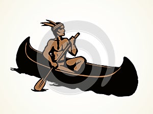 Native American in a canoe. Vector drawing