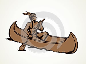 Native American in a canoe. Vector drawing