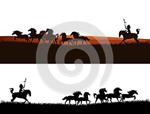 Native american chief and mustang horses silhouette design