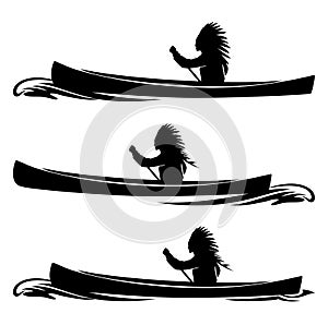Native american chief rowing in canoe boat vector silhouette