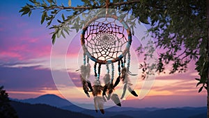 Native American dreamcatcher hanging from a tree branch against the backdrop of a twilight sky