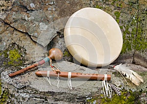 Native American Drum with Flute and Shaker.. photo