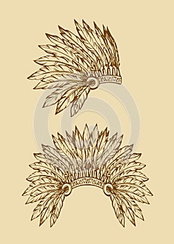 Native American with feathers. Vector drawing