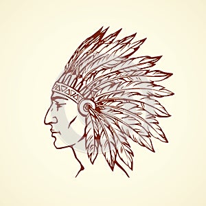 Native American with feathers. Vector drawing