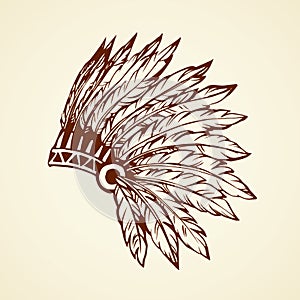 Native American with feathers. Vector drawing