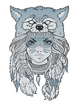 Native American girl with Wolf headdress. Hand drawn lineart vector illustration