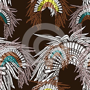 Native American Headdress Vector Illustration With Dark Background Seamless Pattern