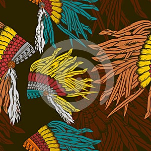 Native American Headgear Vector Illustration With Dark Background Seamless Pattern