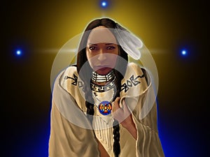 Native American holy woman with a golden halo glowing blue under three stars.