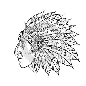 Native American Indian chief head profile. Vector vintage illustration. Hand drawn style. Bohemian element. Tattoo