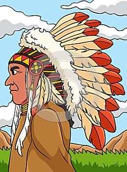 Native American Indian Chieftain Colored Cartoon
