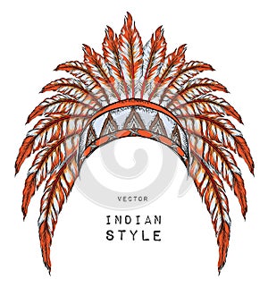 Native American Indian colored chief. orange roach. Indian feather headdress of eagle