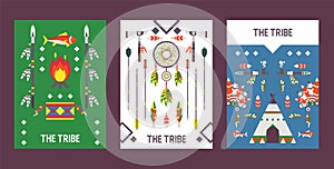 Native American indian culture banner with icons, vector illustration