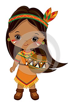 Native American Indian Cute Little Girl with Pot