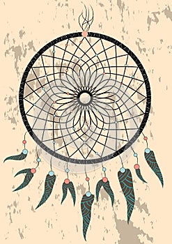 Native american indian dream catcher, traditional symbol. Bright card card with colored feathers and beads on white background