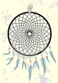 Native american indian dream catcher, traditional symbol. Bright card card with colored feathers and beads on white background