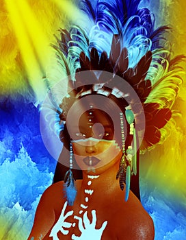 Native American Indian female Beauty, sunset background.