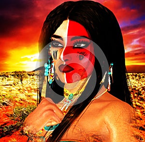 Native American Indian female Beauty, sunset background and painted face in our unique digital art style.