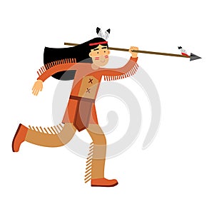 Native american indian girl in traditional costume running with spear Illustration