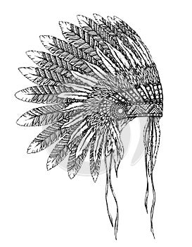Native American indian headdress with feathers in a sketch style