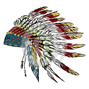 Native American indian headdress with feathers in a sketch style. For Thanksgiving day. Vector illustration.