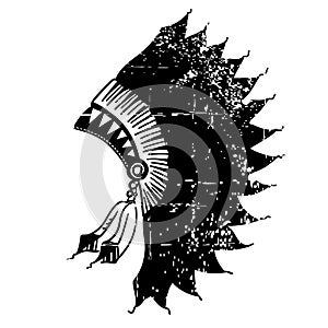 Native american indian headdress. Vintage vector black graphic illustration isolated on white
