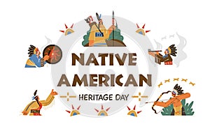 Native American Indian heritage day, flat vector illustration isolated on white background.