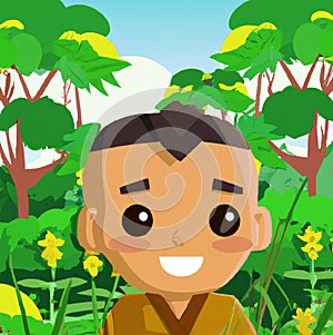 Native kid in the jungle in nature