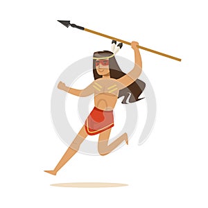 Native american indian in loincloth running with spear vector Illustration