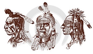 Native American Indian man with headdress and feathers. North or west head mascot of Sioux. traditional culture. half