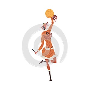 Native American Indian Ritual Dance, Young Woman Performing Folk Dance Wearing Traditional Costume Cartoon Style Vector