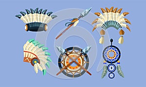 Native American Indian Symbols Set, Ethnic Design Elements, Dreamcatcher, Headdress, Spear Vector Illustration