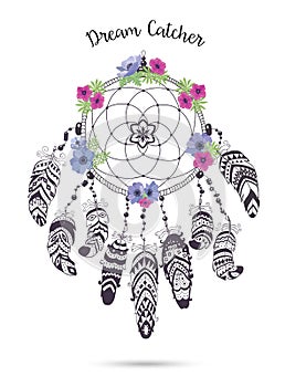 Native American Indian Talisman Dreamcatcher with Feathers and Flowers. photo