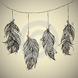 Native American Indian talisman. Vector feathers.