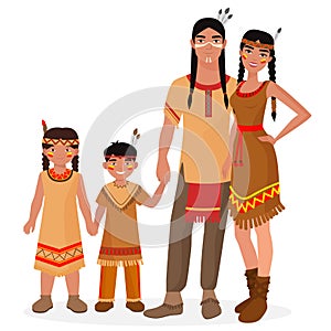 Native American Indian traditional family. American Indian man and woman. American Indian boy and girl kids. Apache photo