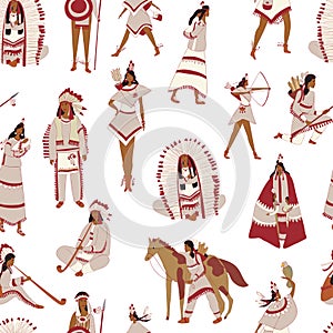 Native American Indian Tribe Man and Woman Member In Traditional Clothing with Feathers Vector Seamless Pattern