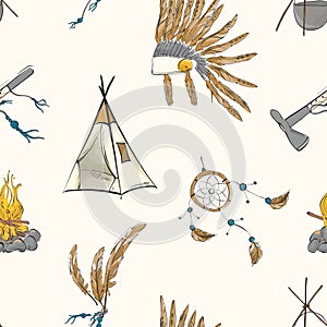 Native american indian warior vintage bohemian pattern. Teepee, warbonnet, indian ax, dream catcher boho sioux tribal print.